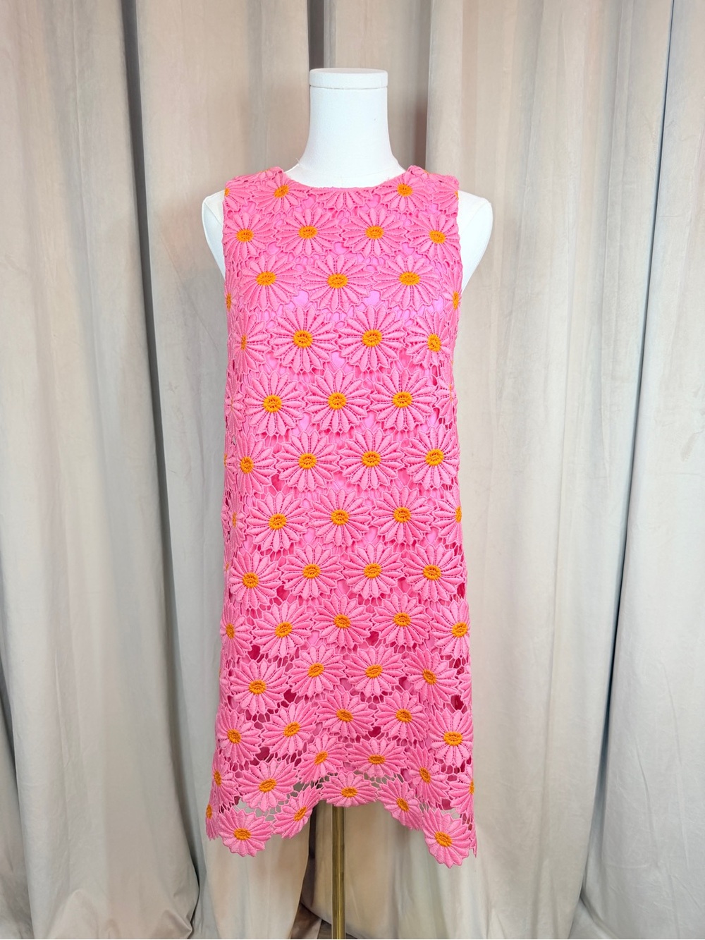 Pink Daisy Crochet Shift Dress with Yellow Centers